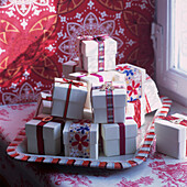 Pile of festive wrapped gift boxes