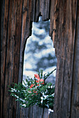 Snowy landscape through wooden door with Christmas wreath in the Dolomite mountains