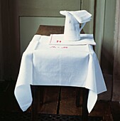 Embroidered napkin with jug with white tablecloth