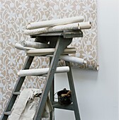 Rolls of wallpaper on stepladder