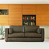 Grey-green leather sofa in room with panelled wooden shelving