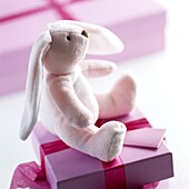 Weißes Spielzeugkaninchen auf einer als Geschenk verpackten Schachtel