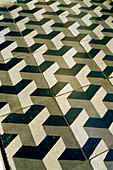 Black and white geometric floor tiles in a market in the Rioja region in Spain