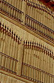 Tiers of loggias on the wooden buildings in Plaza del Coso in Penafiel