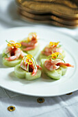 Heart shaped cucumber and prawn canapes