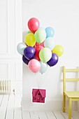 Multicoloured helium balloons with pink dolls house in white hallway family home