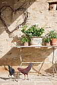 Rustic heart above table with dog and chickens outside Dordogne cottage  Perigueux  France