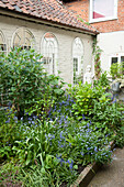 Blau blühende Pflanzen mit verspiegelten architektonischen Resten in einem Garten in Suffolk England UK