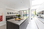 Stainless steel worktop in kitchen of South London Victorian terraced house