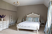 Light blue co-ordinated fabrics with double bed and ladder in Petworth farmhouse West Sussex Kent
