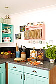 Retro style kitchenware and plate rack in kitchen of Birmingham home  England  UK