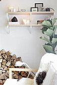Stacked firewood below wall shelf with houseplant in West Yorkshire living room  UK