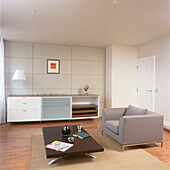 Modernes Wohnzimmer mit grauem Sofa und grau gestrichener Wand mit Vitrine aus Milchglas