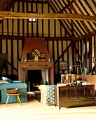 Barn interior living room and fireplace