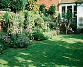Domestic garden with lawn and flowerbeds