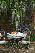 Breakfast table set with croissants and newspaper under trailing Wisteria plant