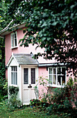 Pink cottage exterior
