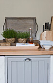 Cupboard in pastel coloured rustic kitchen