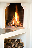 Fireplace with burning logs