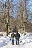 Paar geht mit Hunden spazieren und hält die Hände im Winter