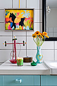 Colourful bathroom detail in modern Odense family home Denmark