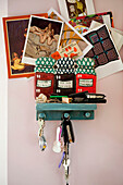 Key hook and postcards in London home UK