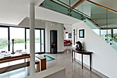Spacious open plan interior of detached contemporary home, Cornwall, England, UK