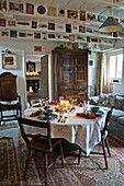 Dining table set for Christmas dinner in farmhouse, Cornwall, England, UK