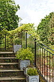 Garden steps detail with handrail in Essex/Suffolk home, England, UK