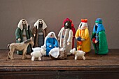 Knitted woollen Nativity scene in Penzance family home Cornwall England UK