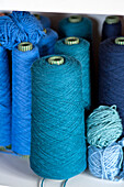 Spools of blue wool, Cornwall, UK
