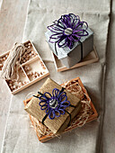 Gift wrapped presents with hand made ribbon