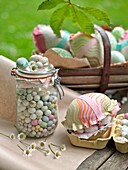 Easter eggs and daisies on Sussex garden table UK