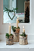 Kerzenhalter aus silberner Birkenrinde, gefüllt mit Moos, sind ungewöhnliche natürliche Kerzenhalter für Weihnachten