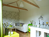 Paisley feature wall in beamed summerhouse work studio UK