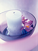 Candle and crocus flowers in bowl of water 