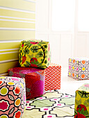 Cube seats upholstered in assorted fabrics