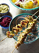 Chicken kebabs and side dishes Morocco North Africa