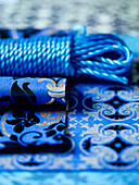 Blue string and decorative wrapping paper