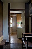 View through landing doorway in timber framed cottage, Grafty Green, Kent, England, UK