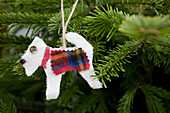 Handmade tartan dog tree ornament in Tenterden family home, Kent, England, UK