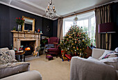 Christmas tree in bay window of dark grey living room in Tenterden family home, Kent, England, UK
