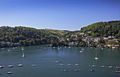 Elevated view of the river Dart with sailing boats moored, Dartmouth, Devon, UK
