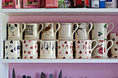 Cups and tea selection on shelf in pink kitchen of Suffolk home UK