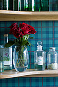 Vase of red roses on shelf with bottles set against turquoise checked wallpaper Suffolk UK