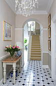 Arched entrance hallway detail in classic Tyne & Wear home, England, UK