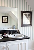 Wash basin detail with striped wallpaper in Kent cottage, England, UK