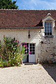 Flowering plants at sunlit exterior of French farmhouse in the Loire France