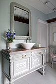 Wash basin fitted to antique side cabinet in French farmhouse in the Loire, France, Europe