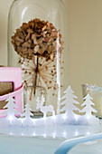 Lit Christmas decoration with pink radio and dried hydrangea in Berkshire home,  England,  UK